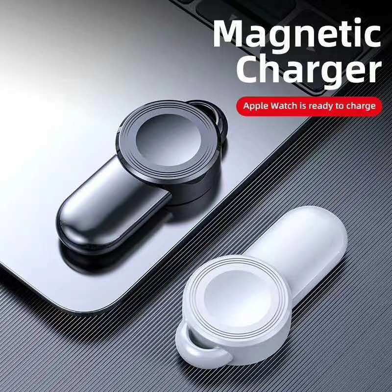 Magnetic charger for Apple Watch on a reflective surface with text indicating readiness to charge.