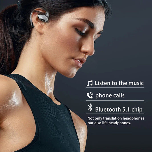 Woman wearing wireless earbuds with product features listed on a dark background