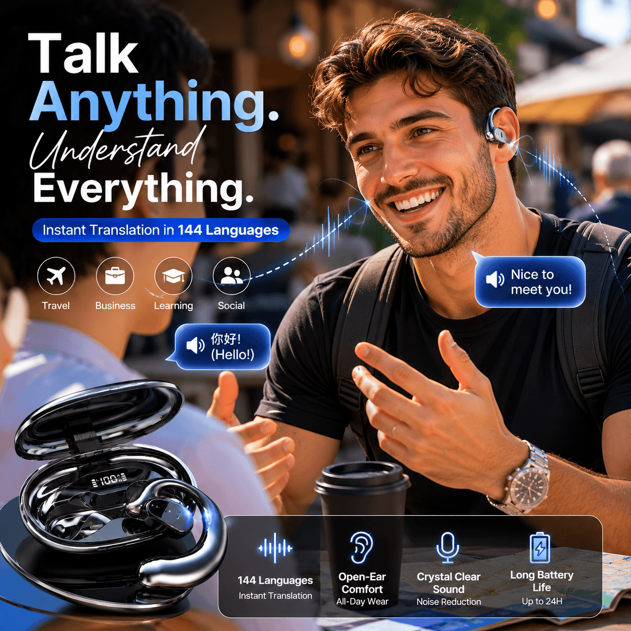 Smart Translation Headphones - Two-Way Conversation Translator