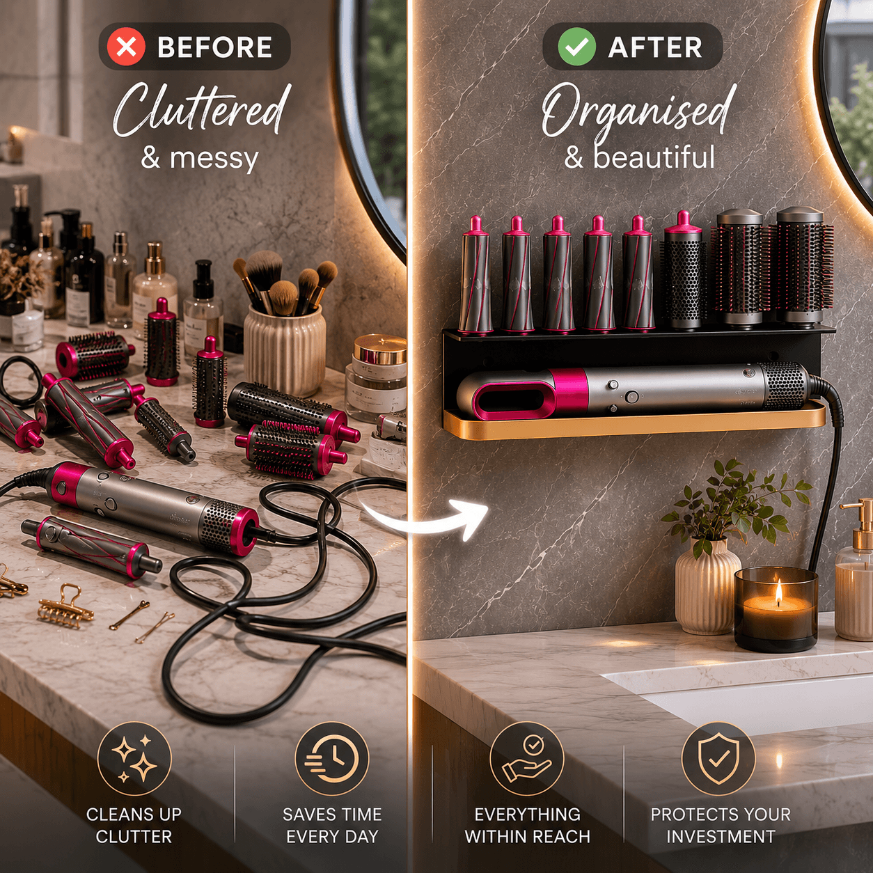 Curling Iron Holder - Wall Mount Bathroom Organizer Rack
