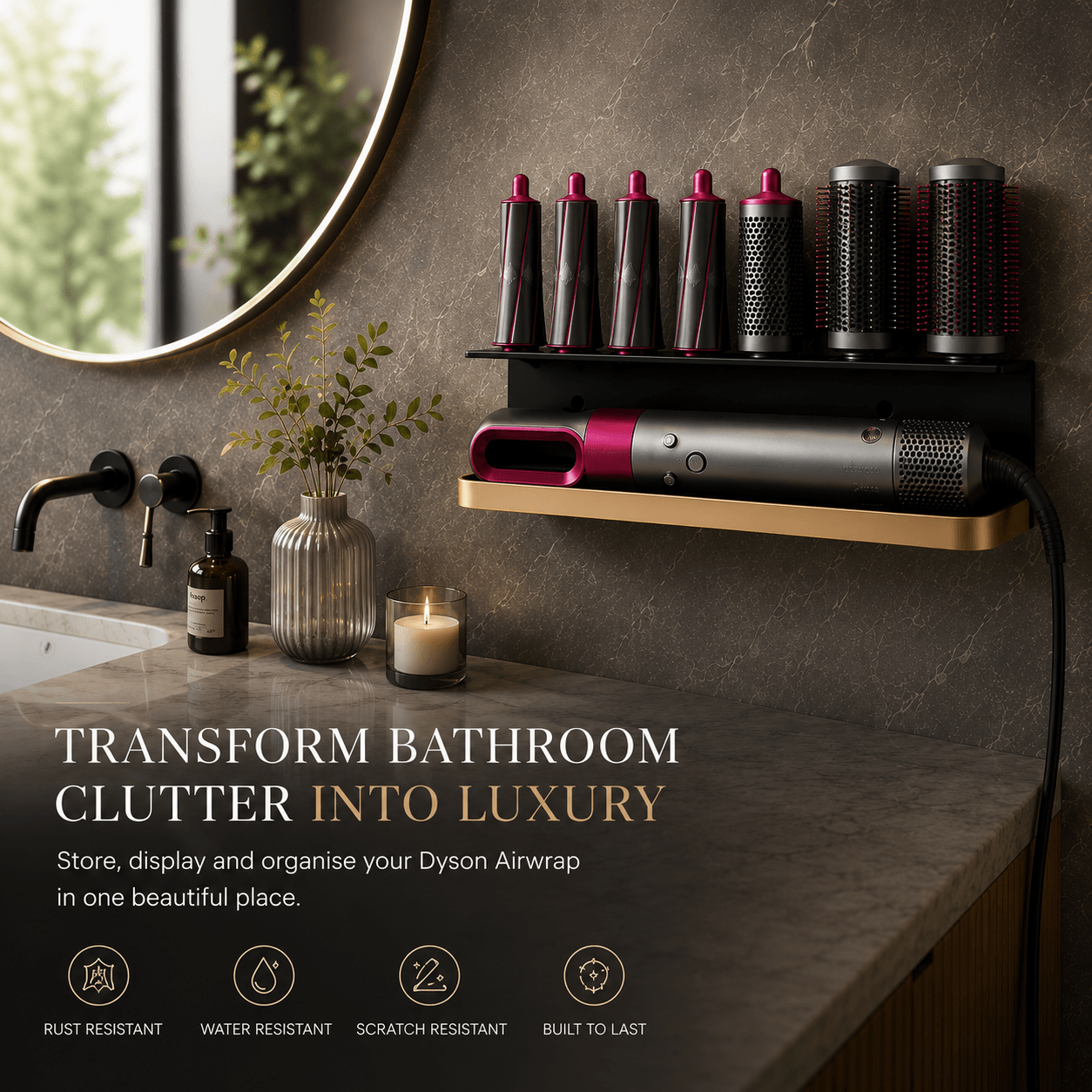 Curling Iron Holder - Wall Mount Bathroom Organizer Rack