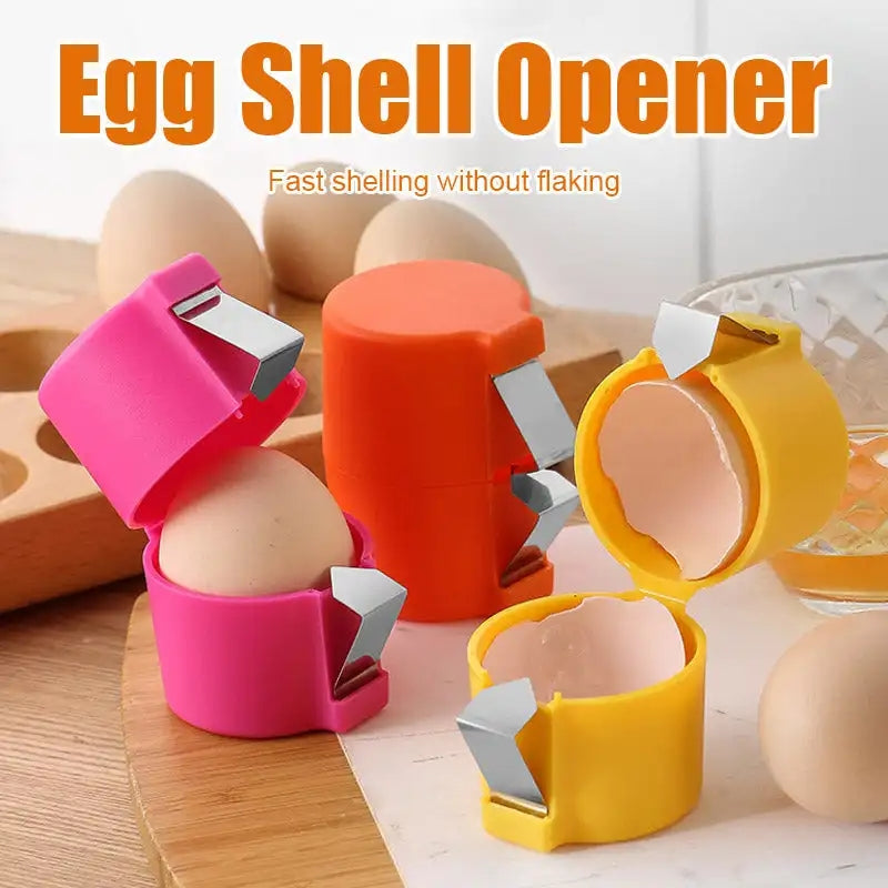 Three egg shell openers in pink, orange, and yellow with eggs on a wooden surface.