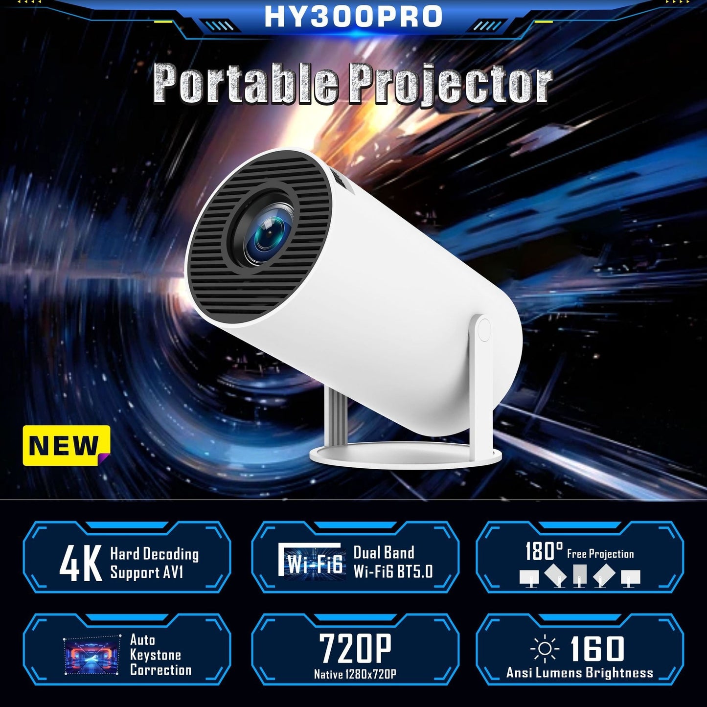 Portable projector with features highlighted on a space-themed background